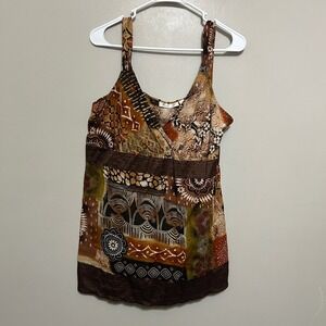 Erin B Tank Top Women's L Brown Patchwork Cotton Boho Quilted Trim Excellent Y2k